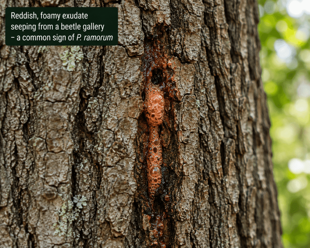 Close-up of reddish, foamy sap seeping from a beetle gallery on a mature oak tree trunk, an early visual symptom associated with Sudden Oak Death (Phytophthora ramorum).