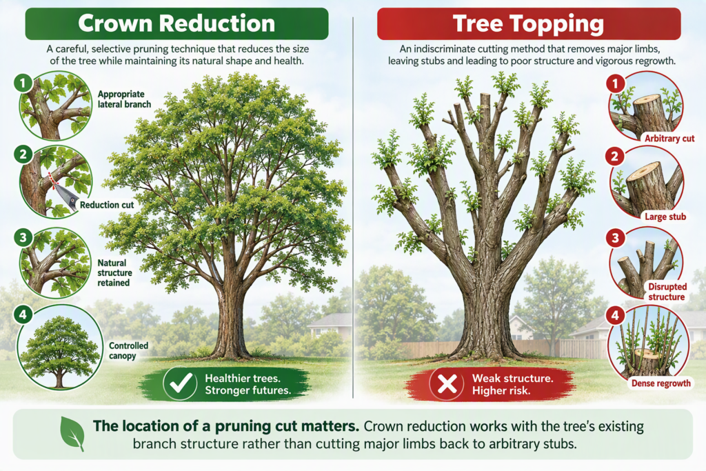 Illustration comparing proper crown reduction pruning with improper tree topping